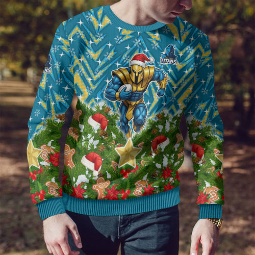 Personalised Titans Rugby Christmas Ugly Christmas Sweater Santa Rugby Mascot - Pine Wreath Festive
