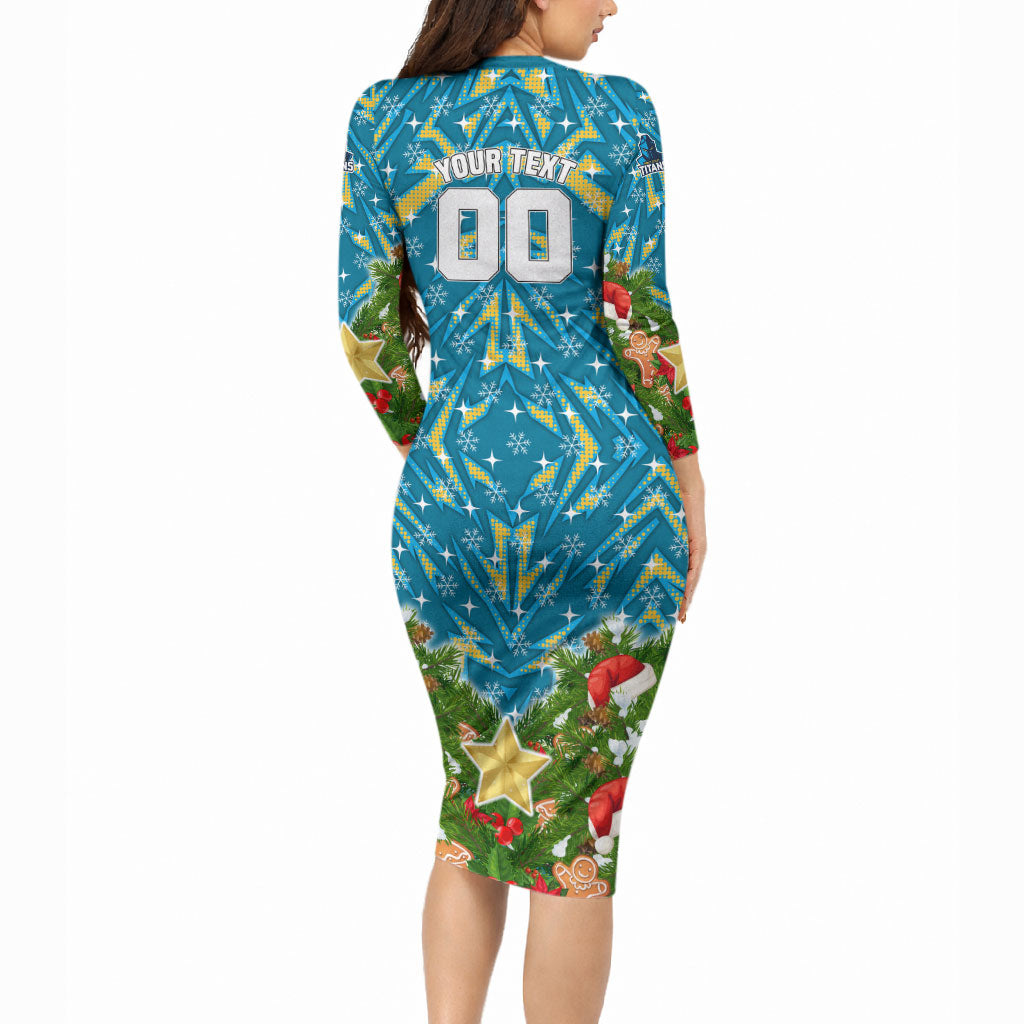 Personalised Titans Rugby Christmas Long Sleeve Bodycon Dress Santa Rugby Mascot - Pine Wreath Festive