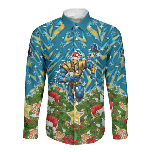 Personalised Titans Rugby Christmas Long Sleeve Button Shirt Santa Rugby Mascot - Pine Wreath Festive