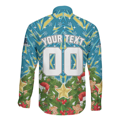 Personalised Titans Rugby Christmas Long Sleeve Button Shirt Santa Rugby Mascot - Pine Wreath Festive