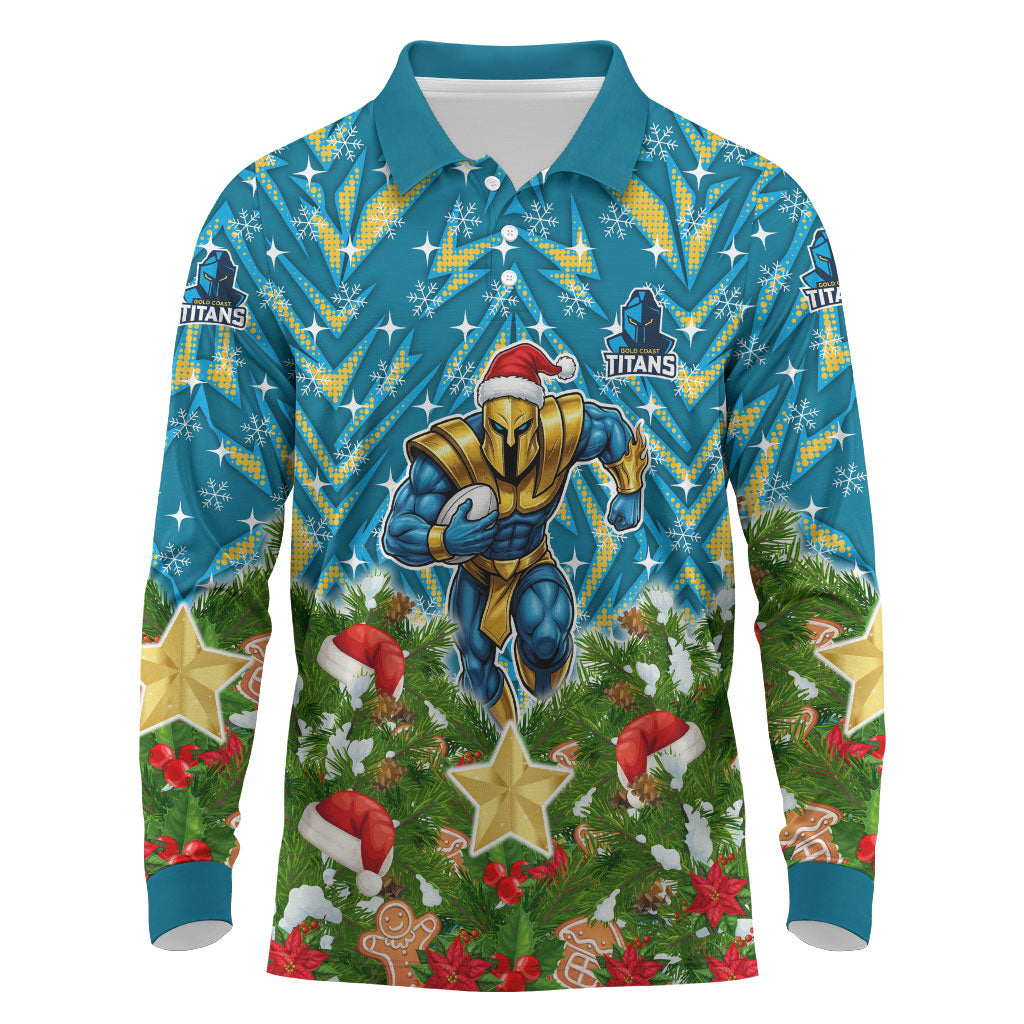 Personalised Titans Rugby Christmas Long Sleeve Polo Shirt Santa Rugby Mascot - Pine Wreath Festive
