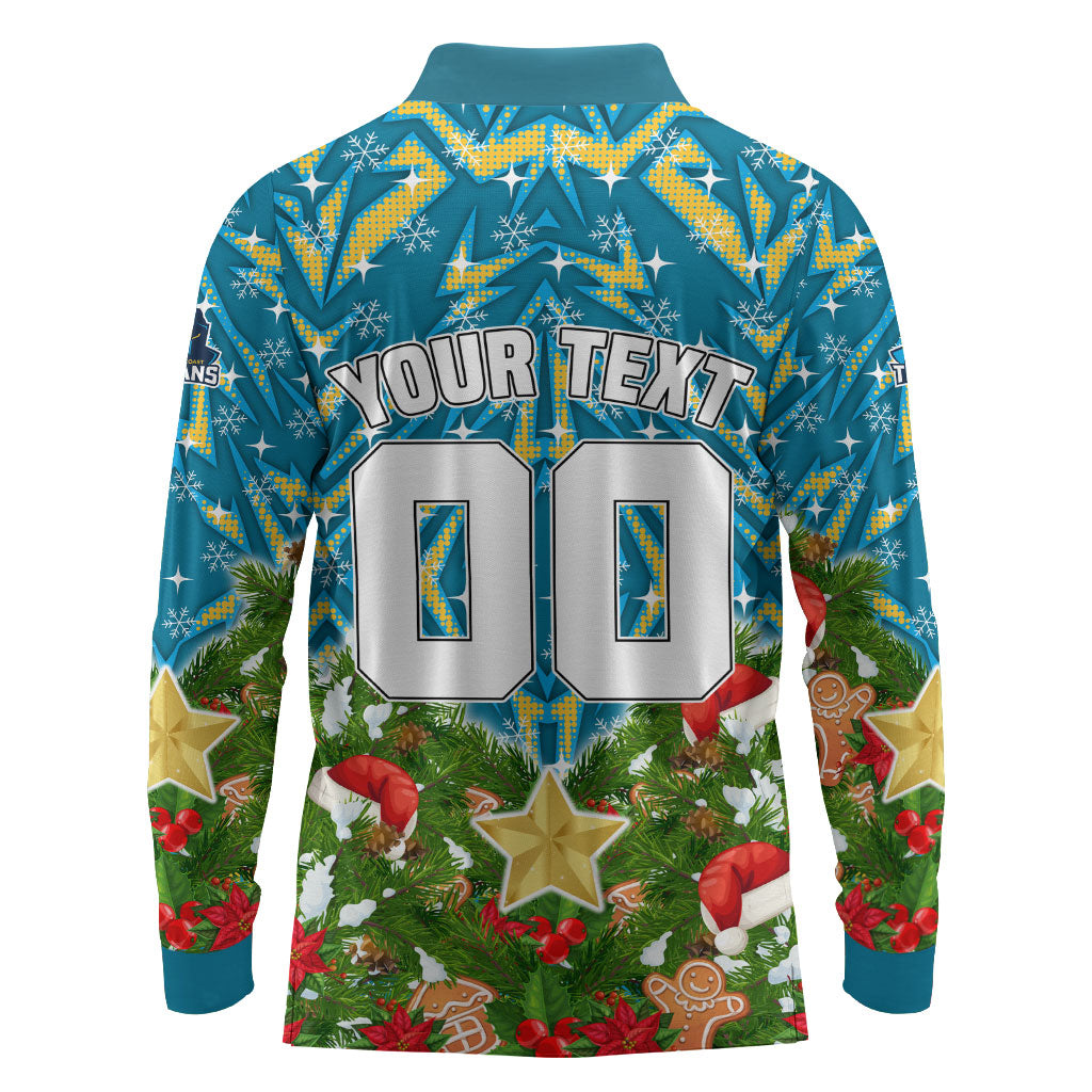 Personalised Titans Rugby Christmas Long Sleeve Polo Shirt Santa Rugby Mascot - Pine Wreath Festive