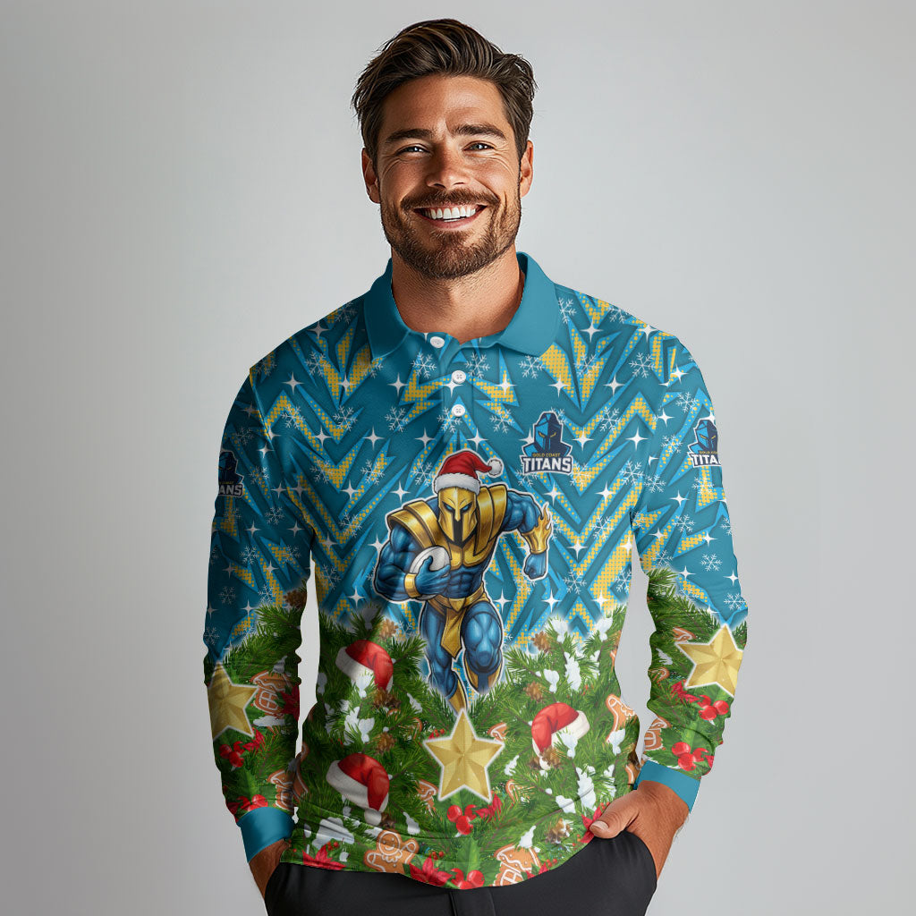 Personalised Titans Rugby Christmas Long Sleeve Polo Shirt Santa Rugby Mascot - Pine Wreath Festive