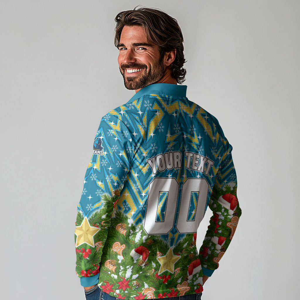 Personalised Titans Rugby Christmas Long Sleeve Polo Shirt Santa Rugby Mascot - Pine Wreath Festive