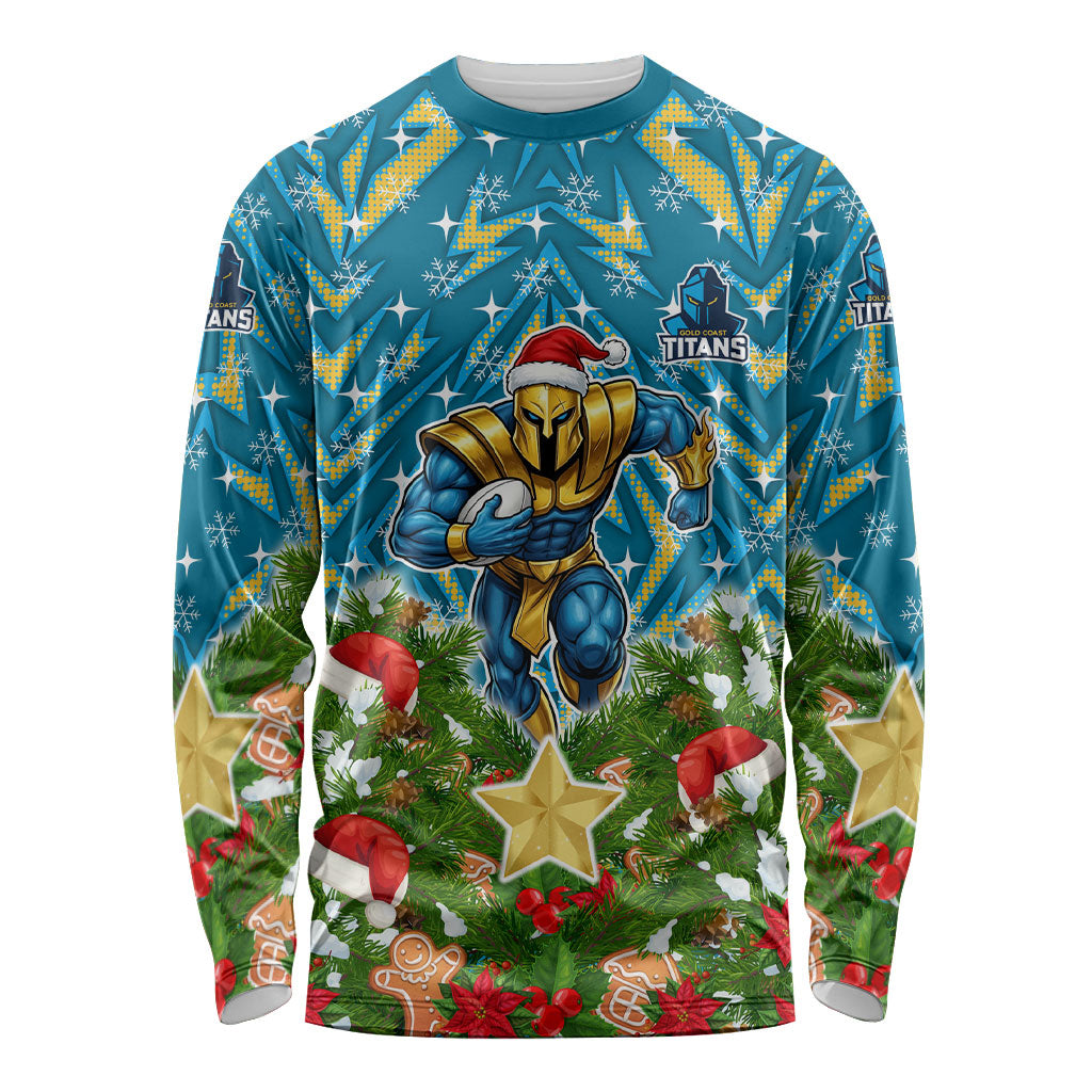 Personalised Titans Rugby Christmas Long Sleeve Shirt Santa Rugby Mascot - Pine Wreath Festive