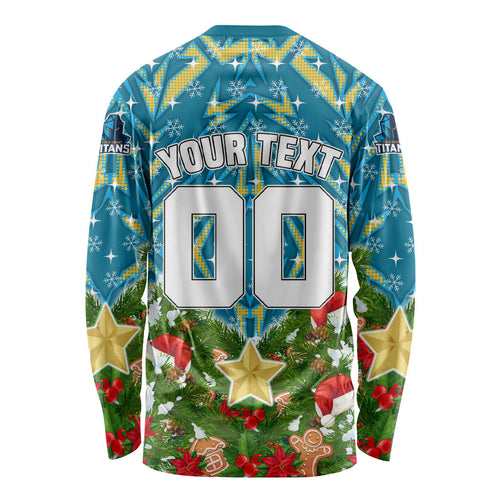 Personalised Titans Rugby Christmas Long Sleeve Shirt Santa Rugby Mascot - Pine Wreath Festive