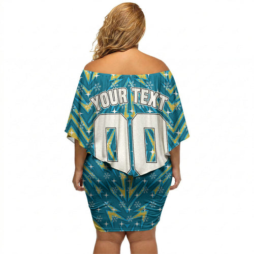 Personalised Titans Rugby Christmas Off Shoulder Short Dress Santa Rugby Mascot - Pine Wreath Festive