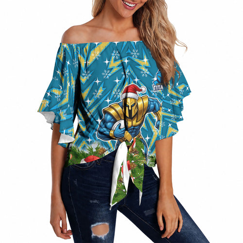 Personalised Titans Rugby Christmas Off Shoulder Wrap Waist Top Santa Rugby Mascot - Pine Wreath Festive