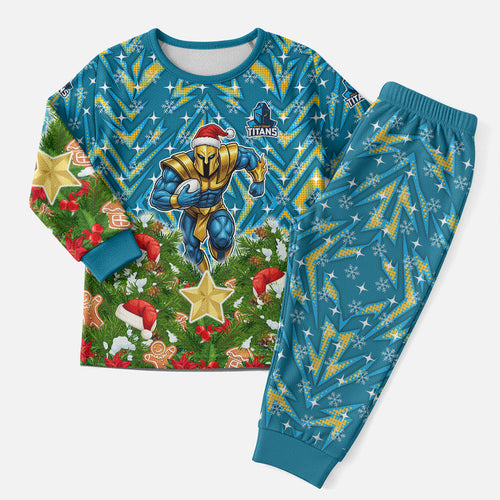 Personalised Titans Rugby Christmas Pajama Set Santa Rugby Mascot - Pine Wreath Festive