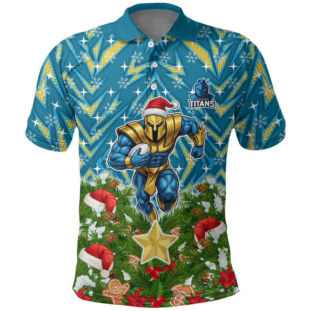 Personalised Titans Rugby Christmas Polo Shirt Santa Rugby Mascot - Pine Wreath Festive