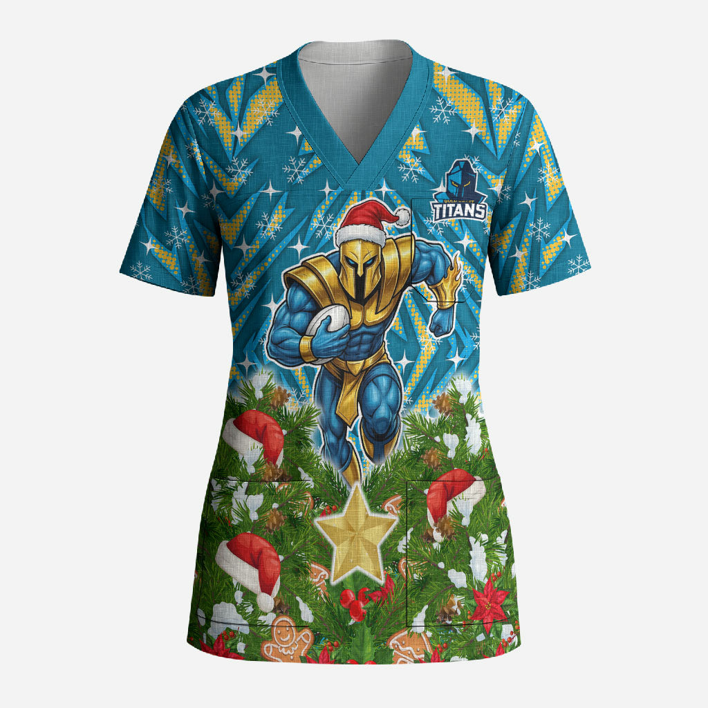 Personalised Titans Rugby Christmas Scrub Top Santa Rugby Mascot - Pine Wreath Festive