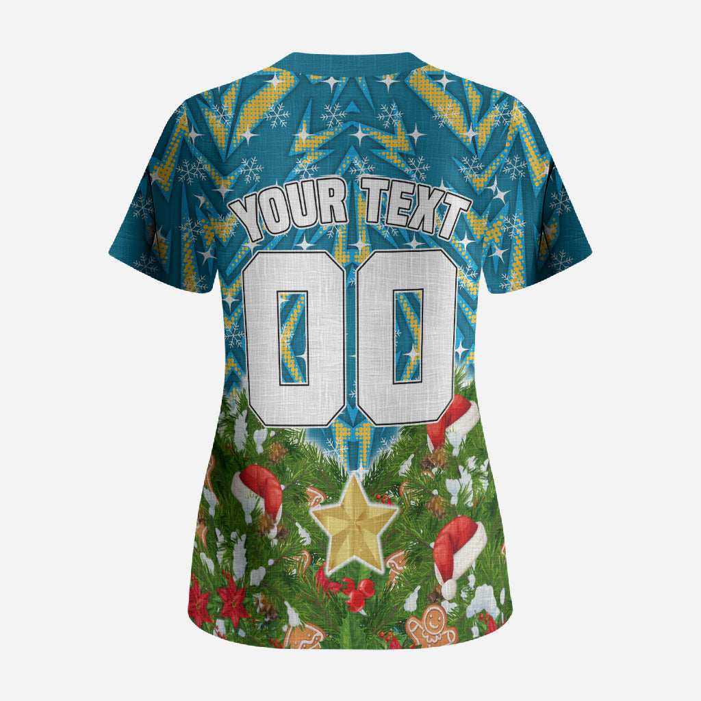 Personalised Titans Rugby Christmas Scrub Top Santa Rugby Mascot - Pine Wreath Festive