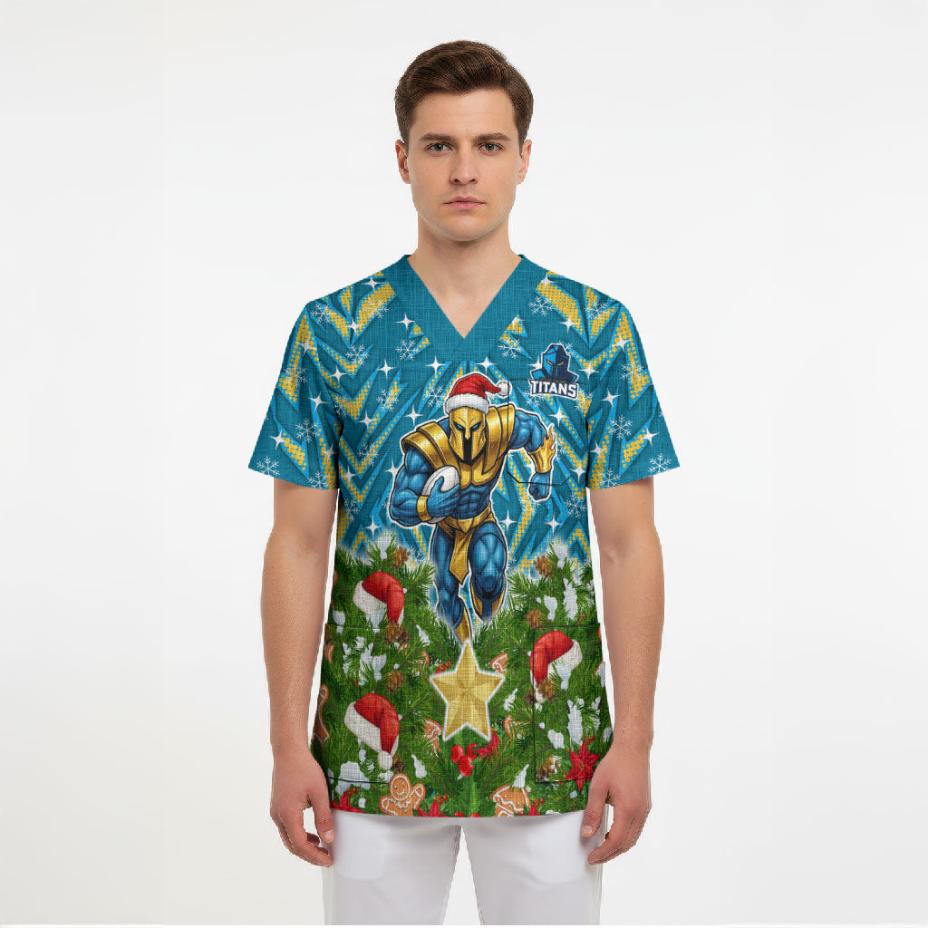 Personalised Titans Rugby Christmas Scrub Top Santa Rugby Mascot - Pine Wreath Festive
