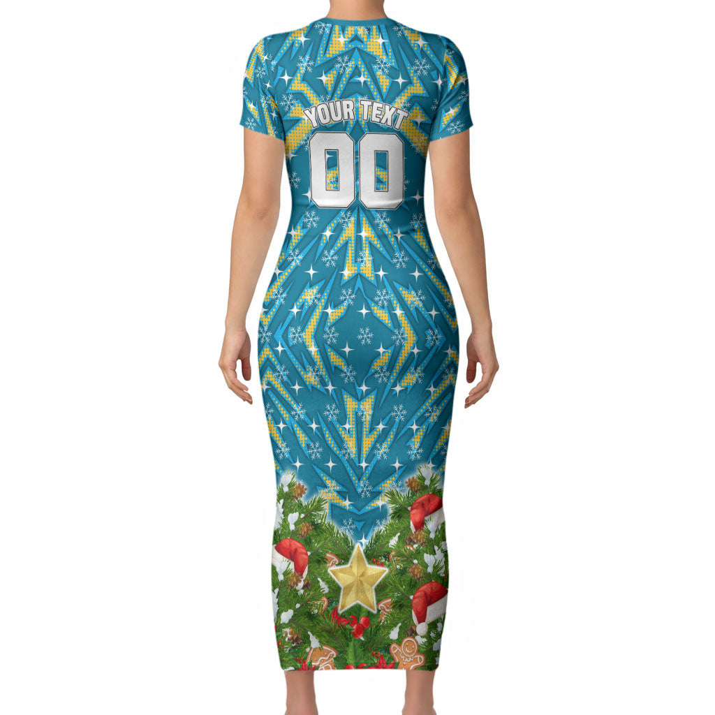 Personalised Titans Rugby Christmas Short Sleeve Bodycon Dress Santa Rugby Mascot - Pine Wreath Festive