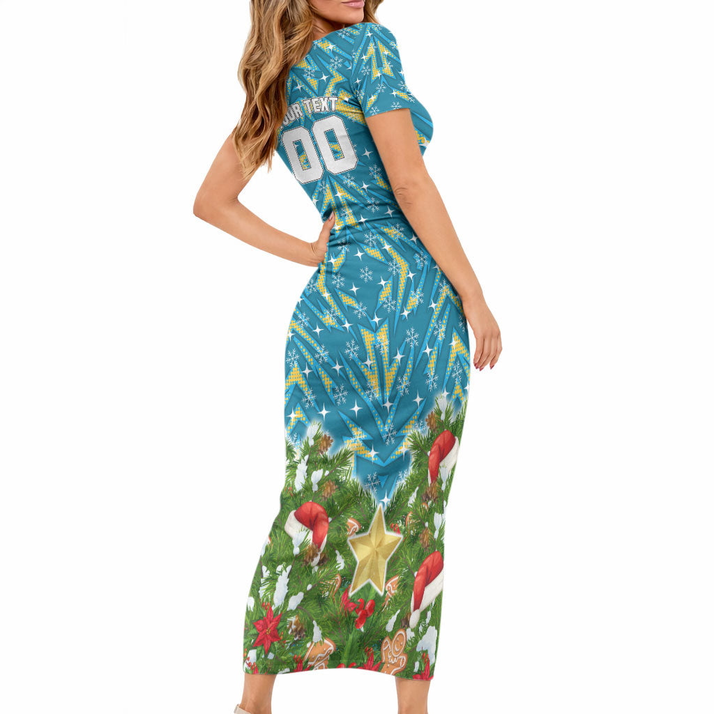 Personalised Titans Rugby Christmas Short Sleeve Bodycon Dress Santa Rugby Mascot - Pine Wreath Festive