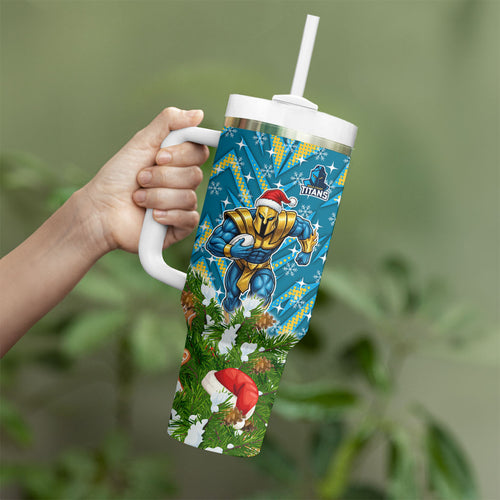 Personalised Titans Rugby Christmas Tumbler With Handle Santa Rugby Mascot - Pine Wreath Festive
