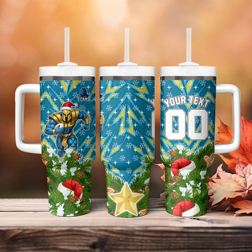 Personalised Titans Rugby Christmas Tumbler With Handle Santa Rugby Mascot - Pine Wreath Festive