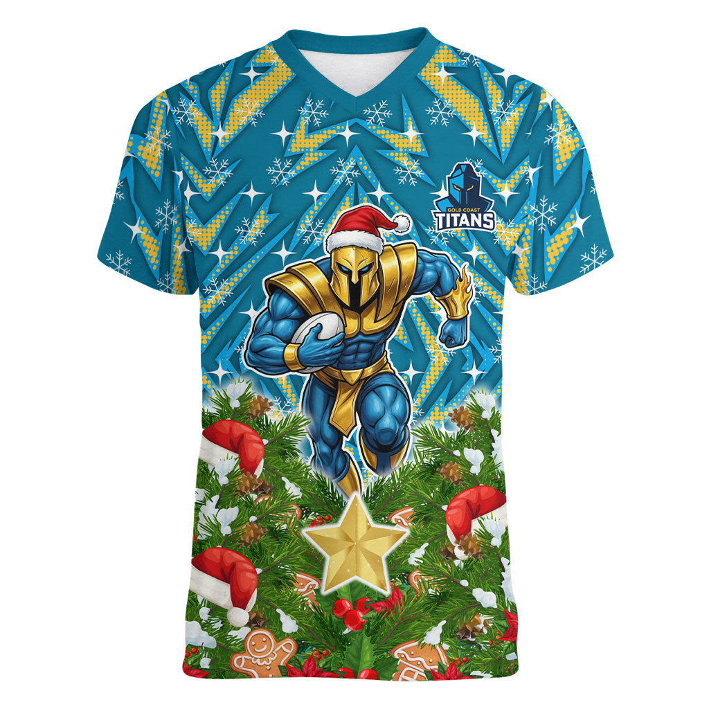 Personalised Titans Rugby Christmas Women V-Neck T-Shirt Santa Rugby Mascot - Pine Wreath Festive