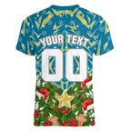 Personalised Titans Rugby Christmas Women V-Neck T-Shirt Santa Rugby Mascot - Pine Wreath Festive