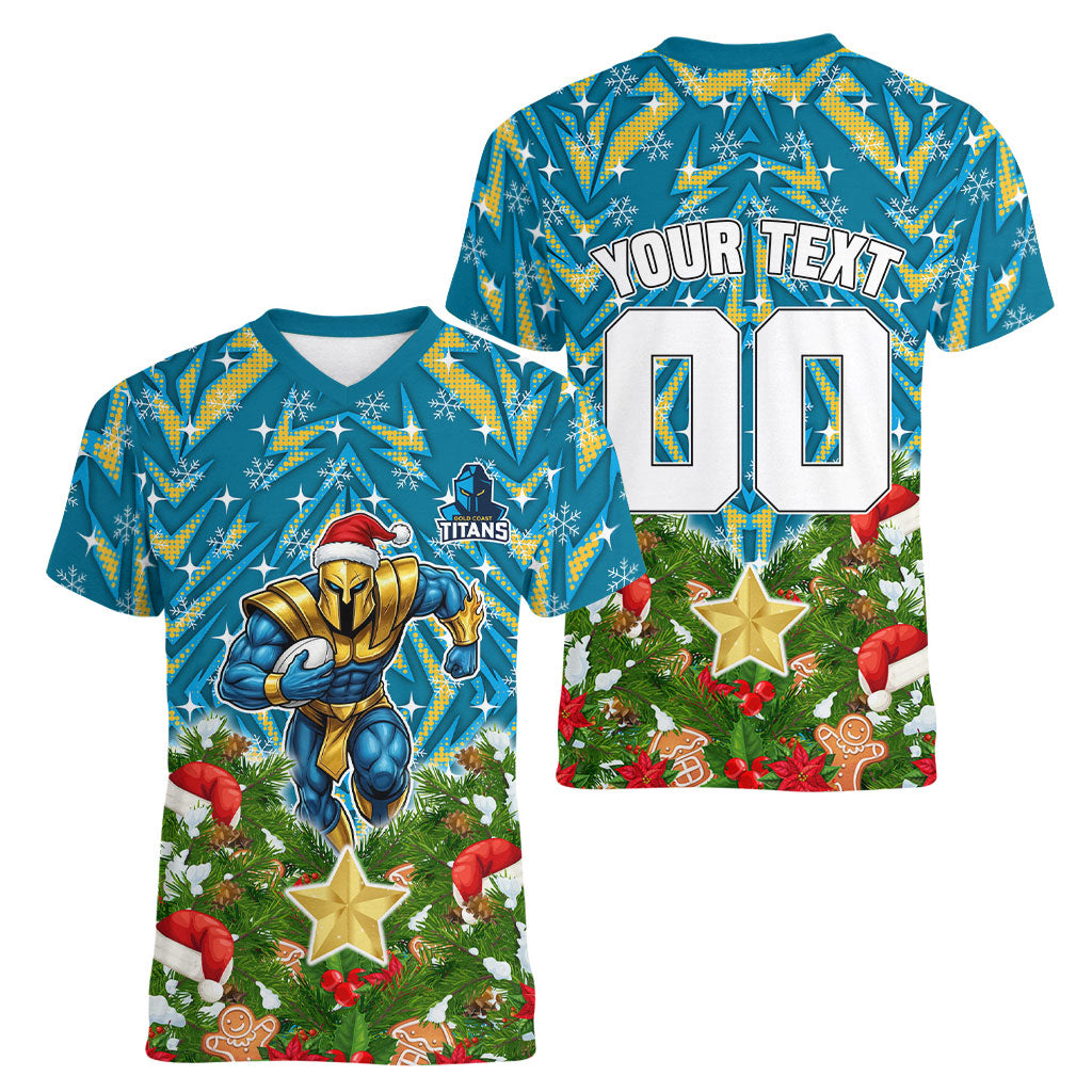 Personalised Titans Rugby Christmas Women V-Neck T-Shirt Santa Rugby Mascot - Pine Wreath Festive