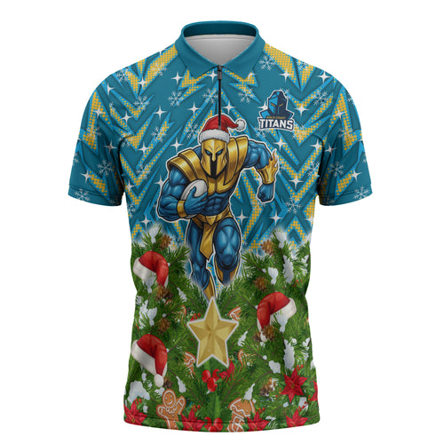 Personalised Titans Rugby Christmas Zipper Polo Shirt Santa Rugby Mascot - Pine Wreath Festive
