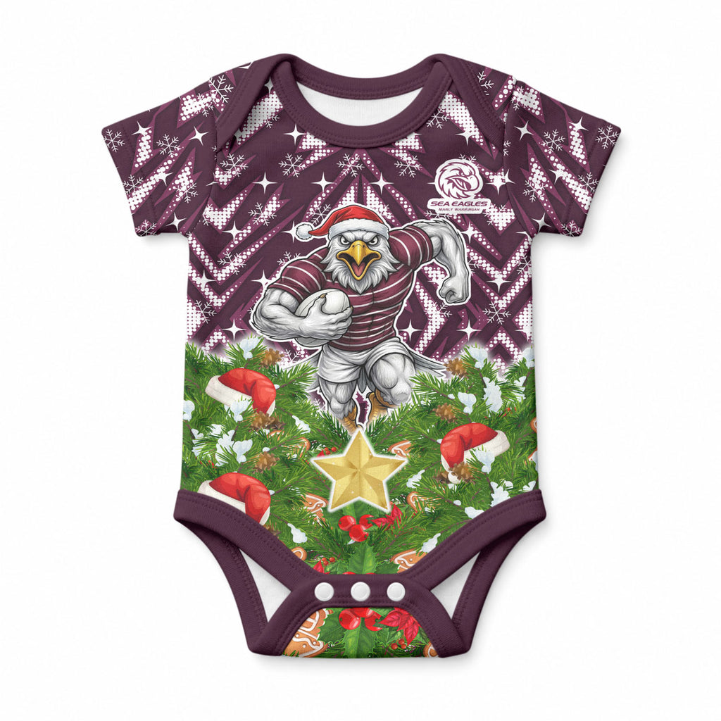 Personalised Sea Eagles Rugby Christmas Baby Onesie Santa Rugby Mascot - Pine Wreath Festive