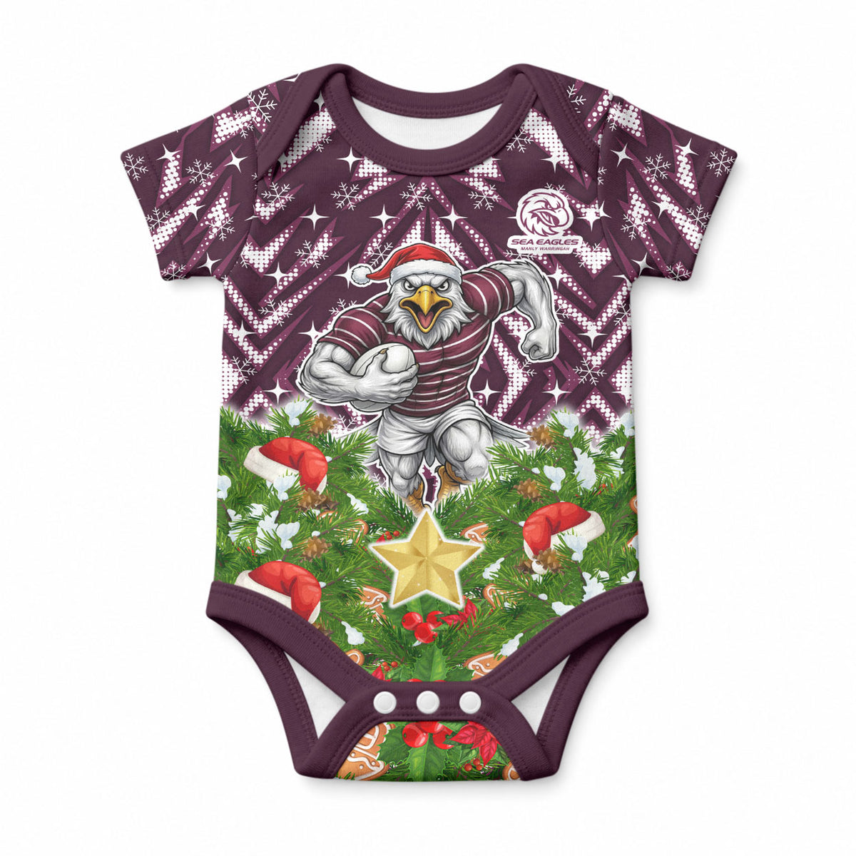 Personalised Sea Eagles Rugby Christmas Baby Onesie Santa Rugby Mascot - Pine Wreath Festive