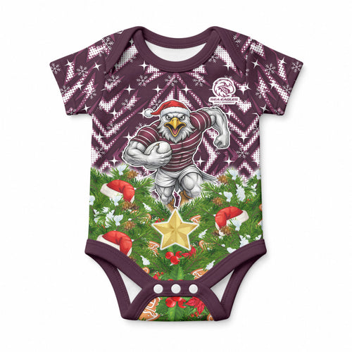 Personalised Sea Eagles Rugby Christmas Baby Onesie Santa Rugby Mascot - Pine Wreath Festive