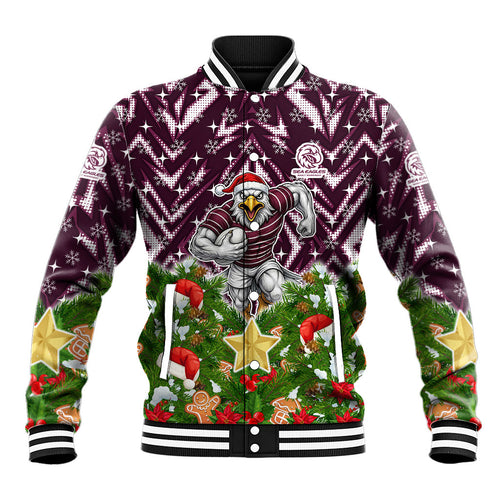 Personalised Sea Eagles Rugby Christmas Baseball Jacket Santa Rugby Mascot - Pine Wreath Festive
