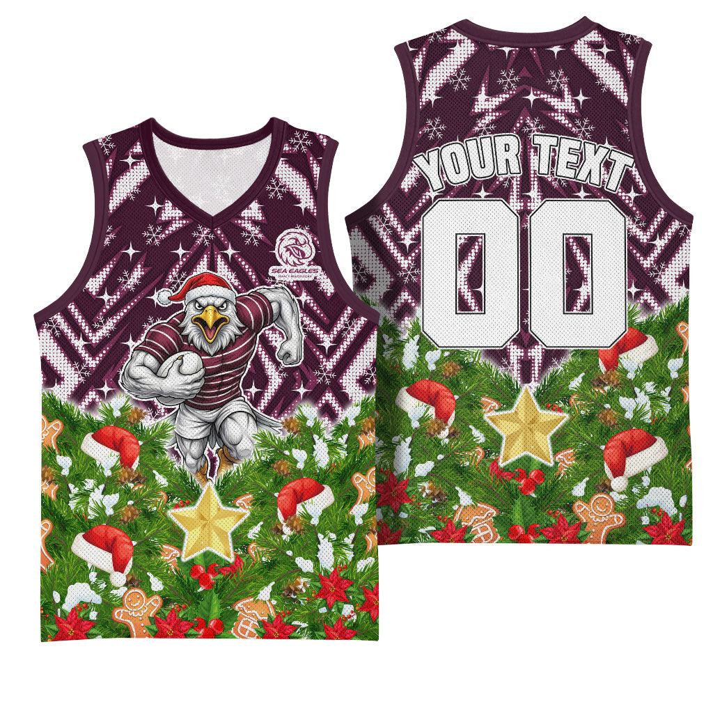 Personalised Sea Eagles Rugby Christmas Basketball Jersey Santa Rugby Mascot - Pine Wreath Festive