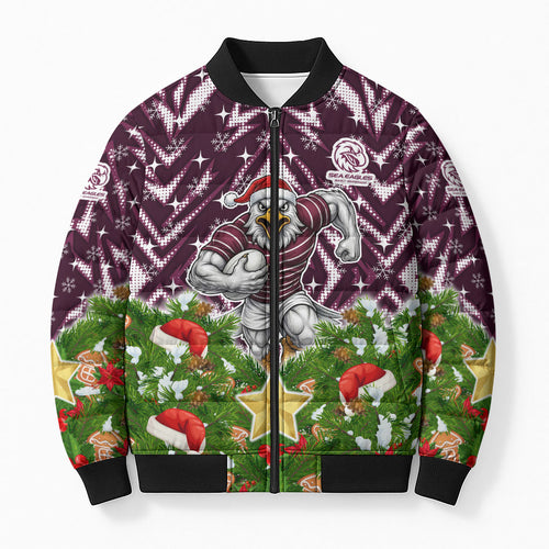 Personalised Sea Eagles Rugby Christmas Bomber Puffer Jacket Santa Rugby Mascot - Pine Wreath Festive