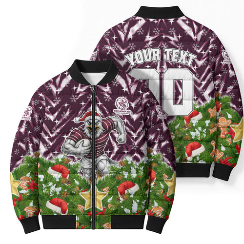 Personalised Sea Eagles Rugby Christmas Bomber Puffer Jacket Santa Rugby Mascot - Pine Wreath Festive