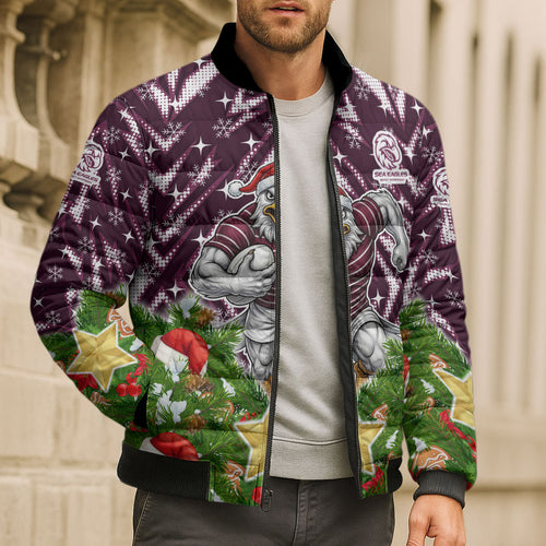 Personalised Sea Eagles Rugby Christmas Bomber Puffer Jacket Santa Rugby Mascot - Pine Wreath Festive