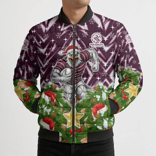 Personalised Sea Eagles Rugby Christmas Bomber Puffer Jacket Santa Rugby Mascot - Pine Wreath Festive
