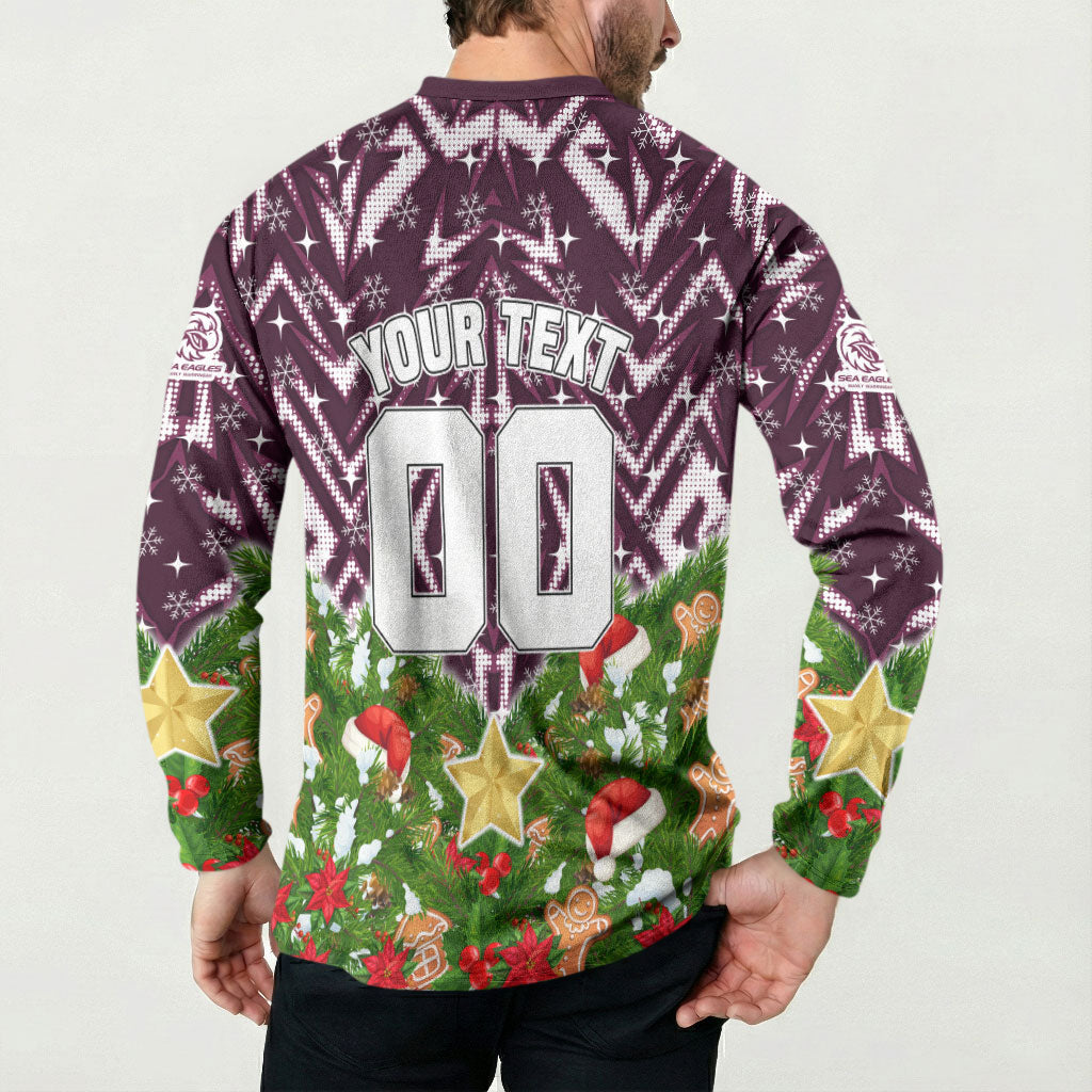 Personalised Sea Eagles Rugby Christmas Button Sweatshirt Santa Rugby Mascot - Pine Wreath Festive