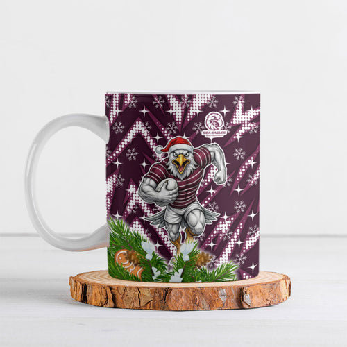 Personalised Sea Eagles Rugby Christmas Ceramic Mug Santa Rugby Mascot - Pine Wreath Festive