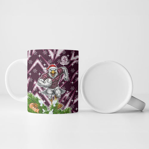 Personalised Sea Eagles Rugby Christmas Ceramic Mug Santa Rugby Mascot - Pine Wreath Festive
