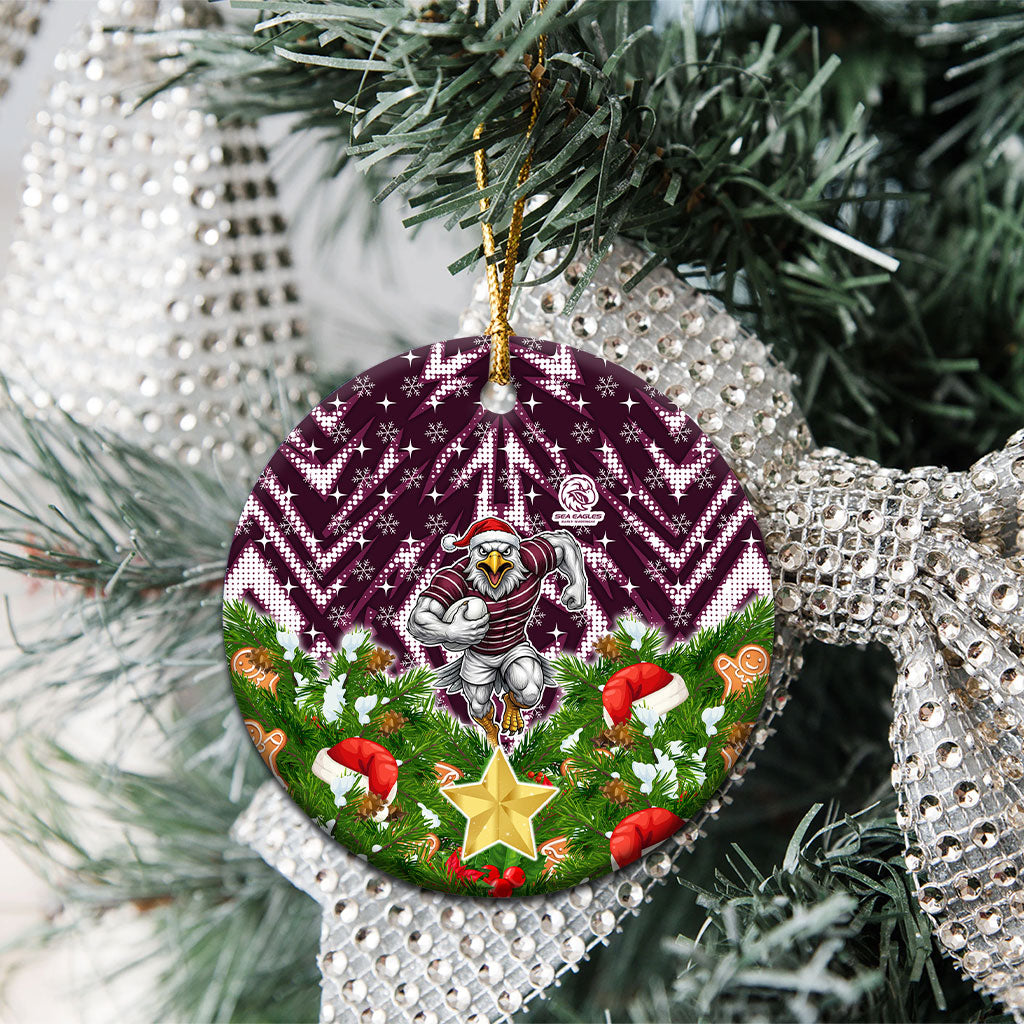 Sea Eagles Rugby Christmas Ceramic Ornament Santa Rugby Mascot - Pine Wreath Festive