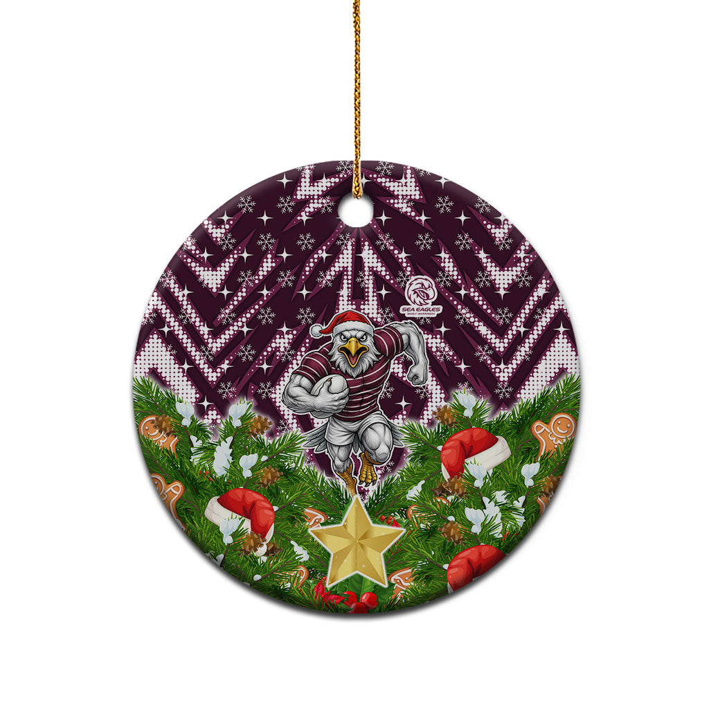 Sea Eagles Rugby Christmas Ceramic Ornament Santa Rugby Mascot - Pine Wreath Festive