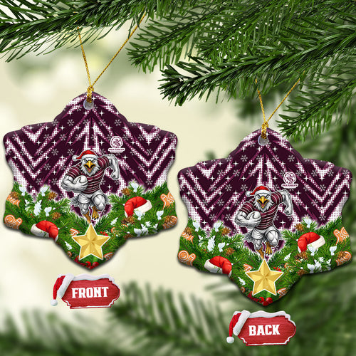 Sea Eagles Rugby Christmas Ceramic Ornament Santa Rugby Mascot - Pine Wreath Festive