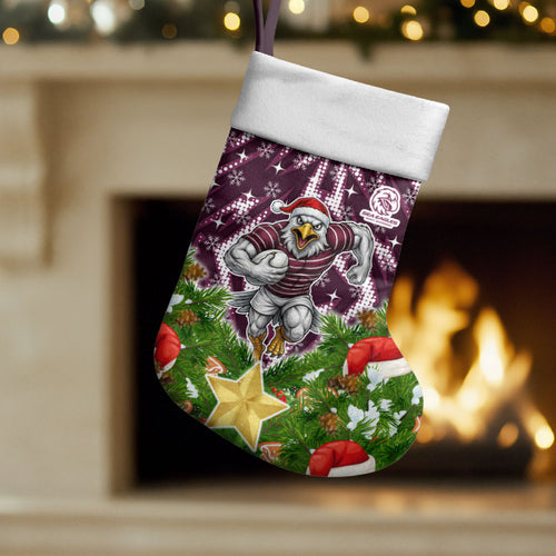 Sea Eagles Rugby Christmas Stocking Santa Rugby Mascot - Pine Wreath Festive