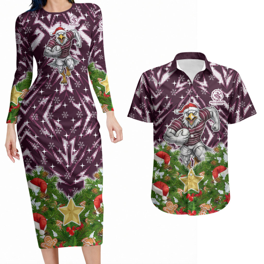 Personalised Sea Eagles Rugby Christmas Couples Matching Long Sleeve Bodycon Dress and Hawaiian Shirt Santa Rugby Mascot - Pine Wreath Festive