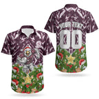 Personalised Sea Eagles Rugby Christmas Couples Matching Long Sleeve Bodycon Dress and Hawaiian Shirt Santa Rugby Mascot - Pine Wreath Festive