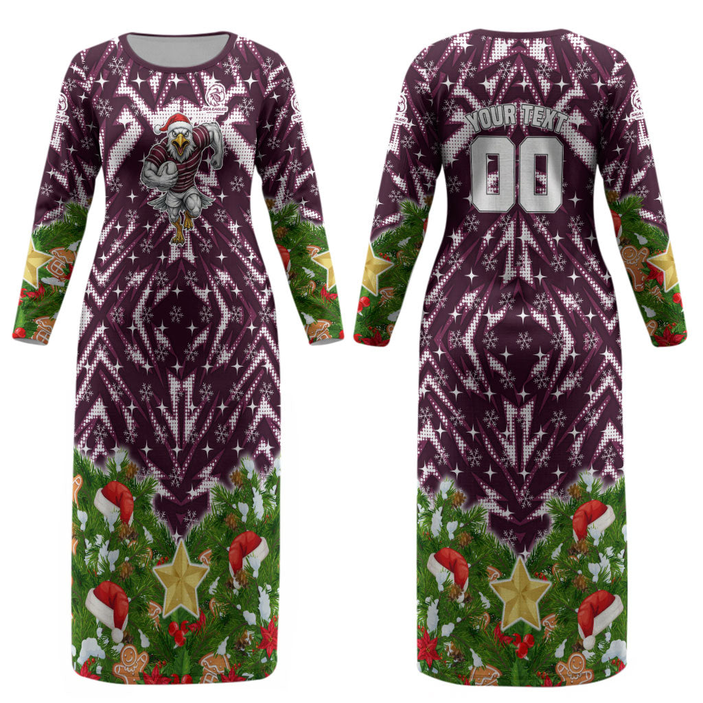 Personalised Sea Eagles Rugby Christmas Couples Matching Long Sleeve Bodycon Dress and Hawaiian Shirt Santa Rugby Mascot - Pine Wreath Festive