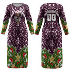 Personalised Sea Eagles Rugby Christmas Couples Matching Long Sleeve Bodycon Dress and Hawaiian Shirt Santa Rugby Mascot - Pine Wreath Festive