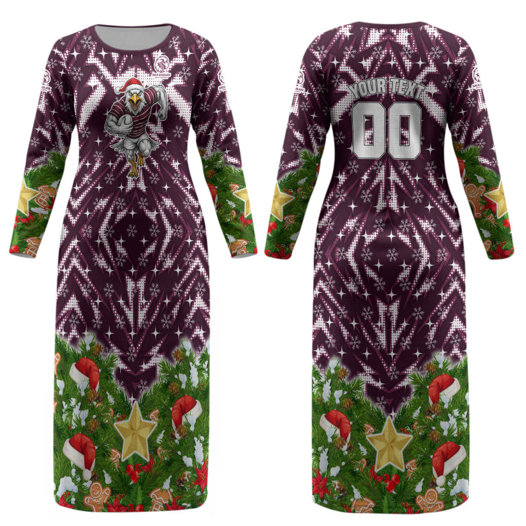 Personalised Sea Eagles Rugby Christmas Couples Matching Long Sleeve Bodycon Dress and Long Sleeve Button Shirt Santa Rugby Mascot - Pine Wreath Festive