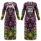Personalised Sea Eagles Rugby Christmas Couples Matching Long Sleeve Bodycon Dress and Long Sleeve Button Shirt Santa Rugby Mascot - Pine Wreath Festive
