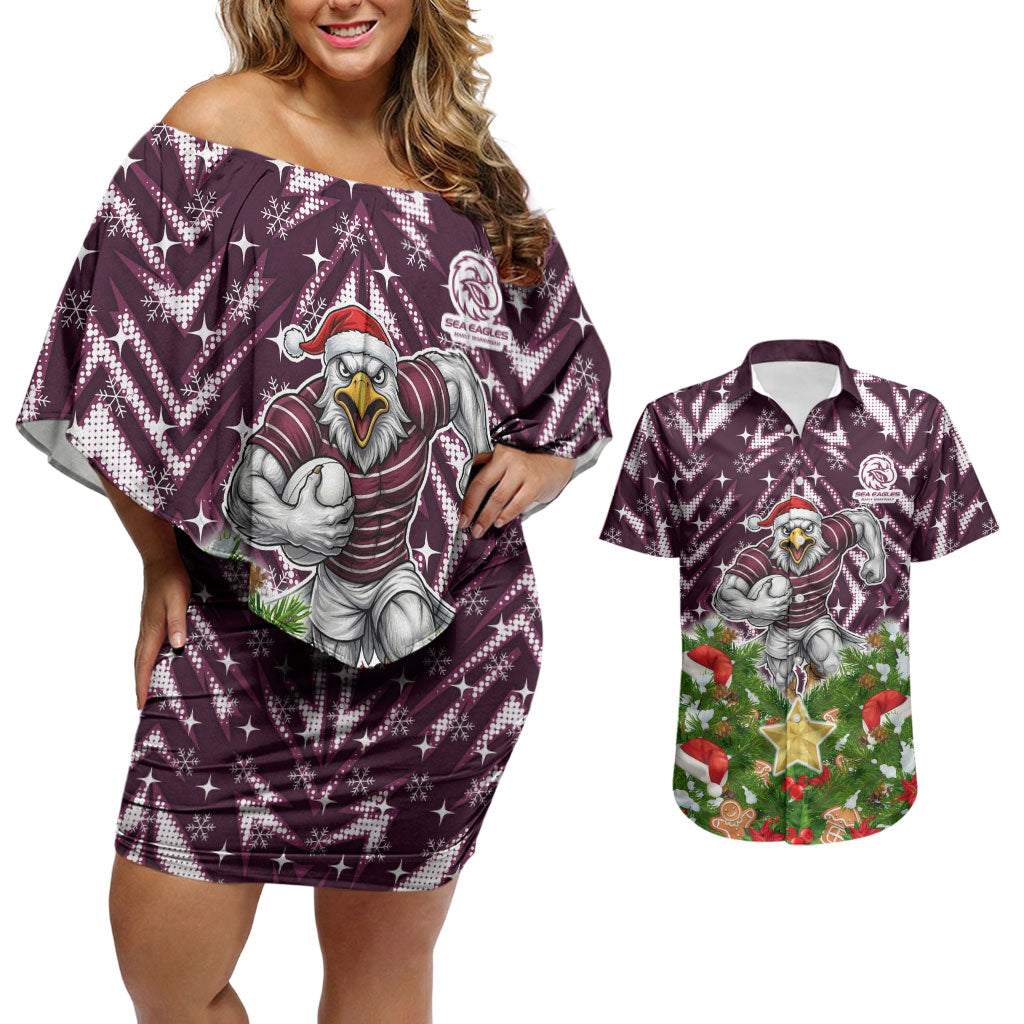 Personalised Sea Eagles Rugby Christmas Couples Matching Off Shoulder Short Dress and Hawaiian Shirt Santa Rugby Mascot - Pine Wreath Festive