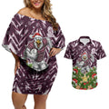 Personalised Sea Eagles Rugby Christmas Couples Matching Off Shoulder Short Dress and Hawaiian Shirt Santa Rugby Mascot - Pine Wreath Festive