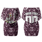 Personalised Sea Eagles Rugby Christmas Couples Matching Off Shoulder Short Dress and Hawaiian Shirt Santa Rugby Mascot - Pine Wreath Festive